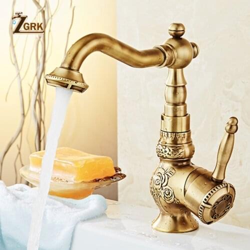 ZGRK Antique Brass Bathroom Faucet Washbasin Heightening Retro Classic Kitchen Mixer Taps Carving Swivel Singe Handle Sink Tap