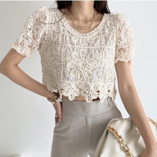 2021 Fashion Korean Chic Hand Screw-thread Tops Elegant Summer Blouse for Women Tide Ins Hot Lace Shirt Women New Slim Top 15288