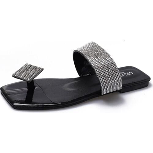 Women Sparkly Rhinestone Embellished Big Toe Thong Strap Flat Sandal in Black White