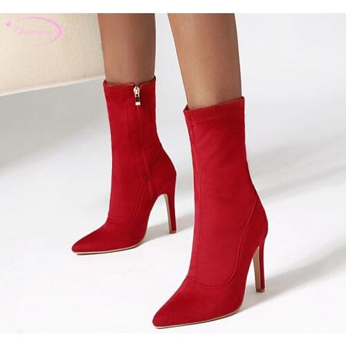 Party sexy pointed toe autumn riding boots flock zipper black brown blue red super high heel stiletto ankle boots womens shoes