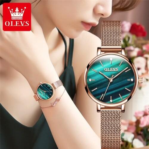 OLEVS Small Green Watches Women Fashion Watch Luxury Stainless Steel Mesh Belt Waterproof Female Clock Ladies Quartz Wristwatch