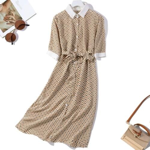 Womens 100% Natural Mulberry Silk Half Sleeve Long Shirt Dress vintage printed with belt L XL JN820