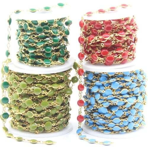 5Meter Plated Golden 6mm Enamel Beaded Rosary Chains,4Color Lampwork Coin Flat Round Beads Copper Links Chains Jewelry Chokers