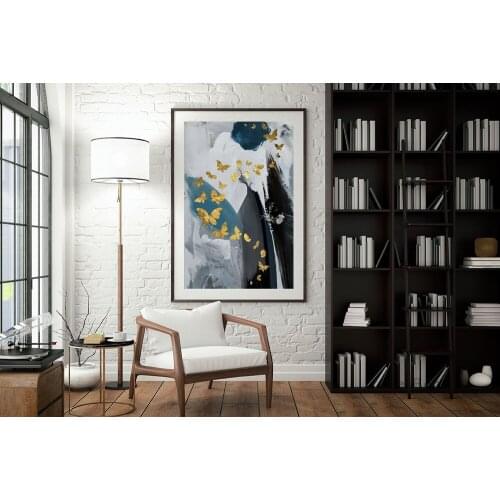 Abstract Minimalist Golden Butterfly Group Poster Chinese Ink Landscape Painting Nordic Wall Art Pictures for Living Room Decor