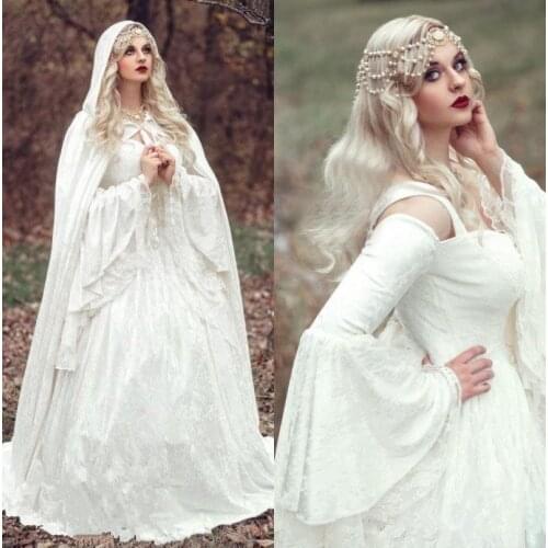 Renaissance Gothic Lace Ball Gown Wedding Dresses With Cloak Plus Size Bell Long Sleeve Celtic Medieval Princess Bridal Gown