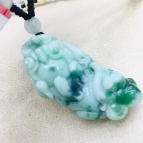 Pure natural Emerald jade carving blue flower big unicorn pendant three-color jade jade necklace sweater chain