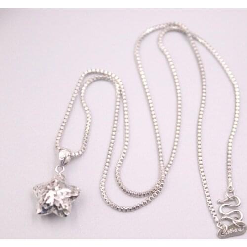 Solid platinum 950 Necklace 1mm box Link chain 16"L 12x12mm Hollow Pattern Star Pendant