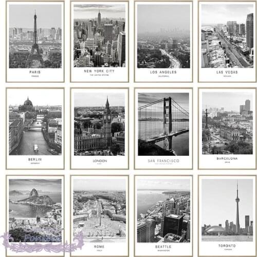 Black White World City Landscape Canvas Painting Paris New York London Barcelona Poster Wall Art Picture Modern Home Decoration