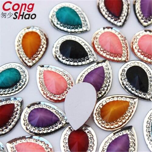 Cong Shao 100pcs 13*18mm Colorful Drop Shape Flatback Resin Rhinestone Trim Stones And Crystals DIY Wedding Dress Button CS22