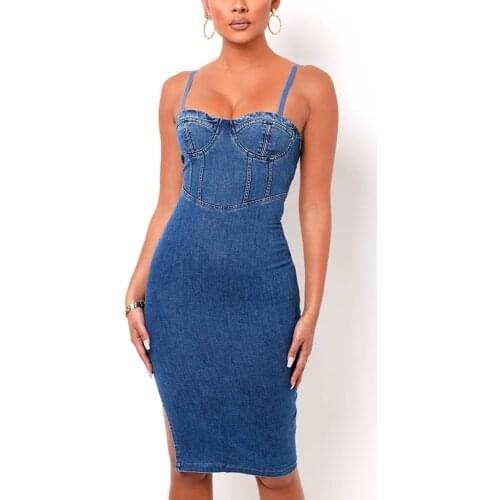 Denim Bodycon Dress Sexy Removable Straps Pads Underwire Jeans Midi Slip Dress Women Casual Streetwear Chic Party Robe