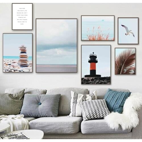 Seagull Reed Cloud Stone Lighthouse Palm Canvas Painting Nordic Posters And Prints Wall Art Pictures For Living Room Home Decor