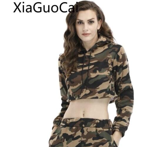 Camouflage Fashion Women Hoodies Short Long Sleeve Corduroy Female Hooded Mantel Crop Hoodies Pullovers Clothing W6 35