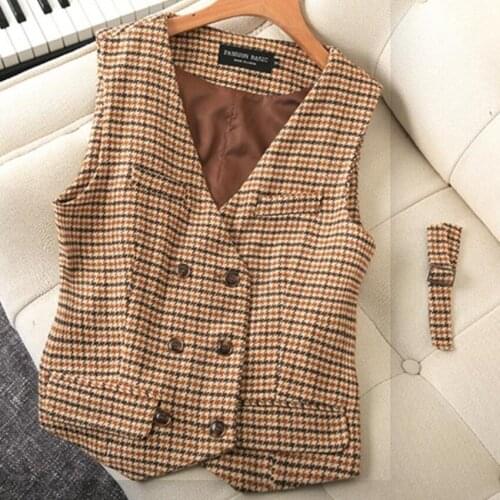 British style vintage v-neck woolen houndstooth short vest women winter double-breasted office lady waistcoat