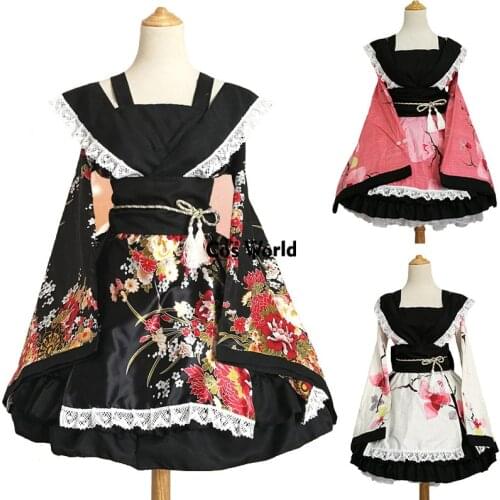 Lolita GokuRakuJoudo Flower Kimono Yukata Maid Dress Meidofuku Uniform Outfit Anime Cosplay Costumes