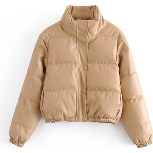 New Women Autumn Winter Faux Leather Cotton Coat Stand Collar Zipper Loose Warm Short Parka Streetwear Black Jacket