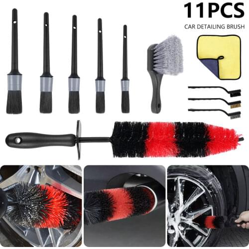 11pcs Car Detailing Brushes Set Multi-functional Dirt Dust Removal Long Handle Ribs Cleaning Tool Car Wheel Vents Soft Brushes