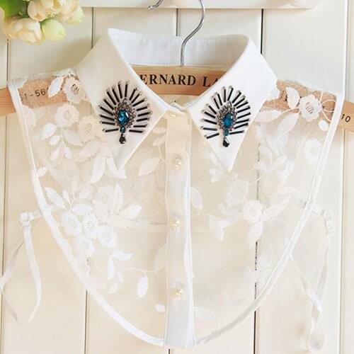 Shirt Fake Collar Lady accessories Half saving Vintage Rhinestones Lace Fake Collar Shirt Female Blue Crystal Peacock Cotton