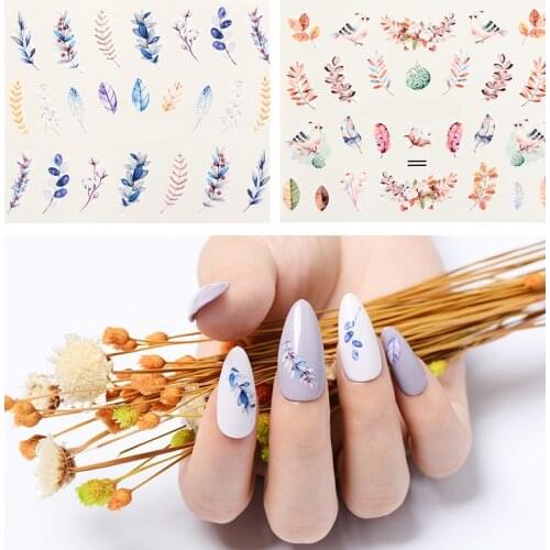 MEET ACROSS Flower Leaf Tree Water Nail Decal Sticker 1 Sheet Green Simple Summer Slider for Manicure Nail Art Watermark Tips