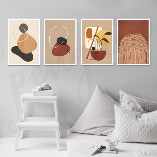 Warm Color Line Arch Abstract Geometry Flower Prints Canvas Painting Stone Shape Wall Art for Living Room Home Decor Cuadros