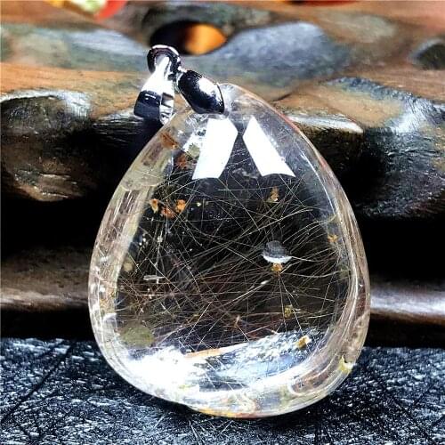 Natural Gold Rutilated Necklace Pendant Jewelry For Woman Man Wealth Gift Crystal 31x26x16mm Beads Gemstone Silver Quartz AAAAA