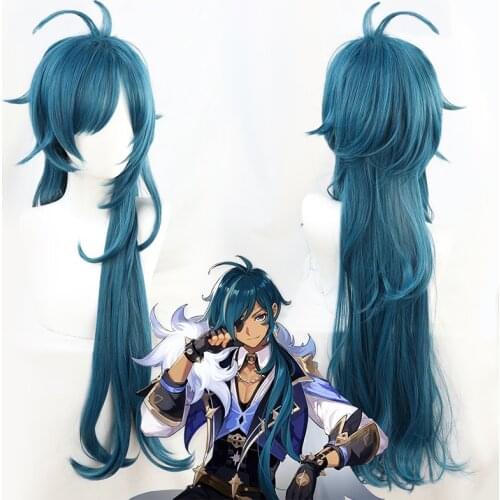 Game Genshin Impact Kaeya Cosplay Wigs Blue Wavy Long Men Wig Heat Resistant Synthetic Hair