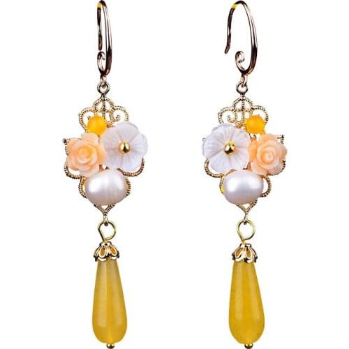 Jade Flowers Drop Earrings Chalcedony Yellow Agate Amulet Fashion Natural Charm Jewelry Gifts for Women Her