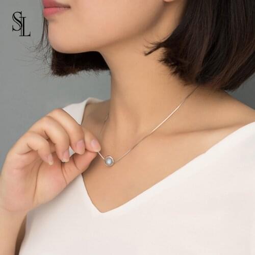 SL Korean Circle Pendant Necklace For Women Silver 925 Box CHain Moonstone Natural Gemstone Fine Jewelly