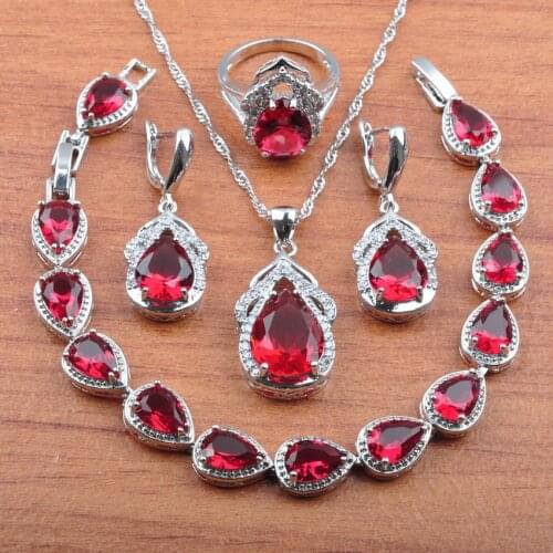 Wedding Jewellry Rose Red Zirconia Silver Color Jewelry Set For Women Earrings Necklace Pendant Rings Bracelet JS0305