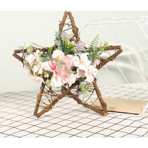 Wreath Front Door Decoration Star Shape Wreath with Camellia Wood Pentagram Wreath Wall Door Hanging Wreath 12Inch