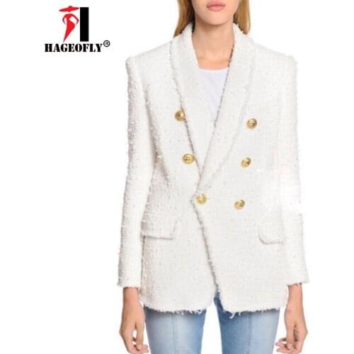 High Quality Tweed White Black Blazer Women Autumn Winter Gold Double Buttons New Designer Blazers Jackets Womens Blazers