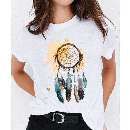 Womens Graphic Ladies Female Tee T-Shirt T Shirt for Women 90s Watercolor Trend Cute Feather Fashion Print Lady T-shirts Top