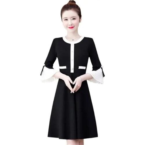 Plus Size L-5XL Womens Clothing 2021 New Autumn Fashion Trumpet Sleeves Slimming Belly Reduction Zipper Dress Elegant Femme