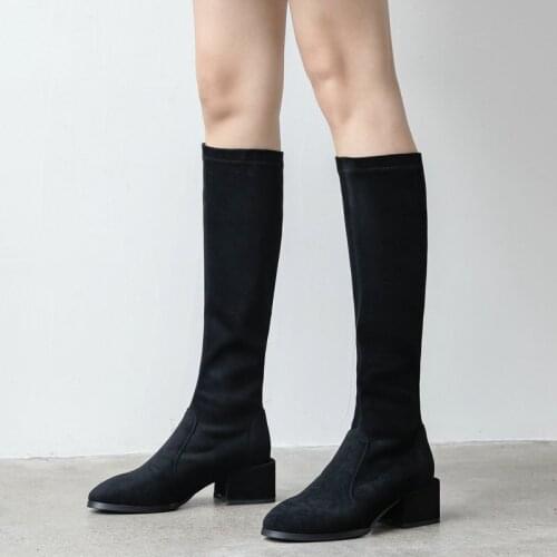 Autumn Stretch Knee High Boots Flock Leather Women Boots Sqaure Low Heel Long Boots Slip On Winter Shoes Big Size 41 42 43