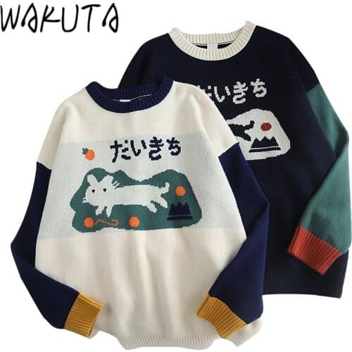 WAKUTA Women Cartoon Cat Knitted Sweaters and Pullovers Autumn Winter Girls Color Block Knit Jumper Harajuku Sweaters Jacquard