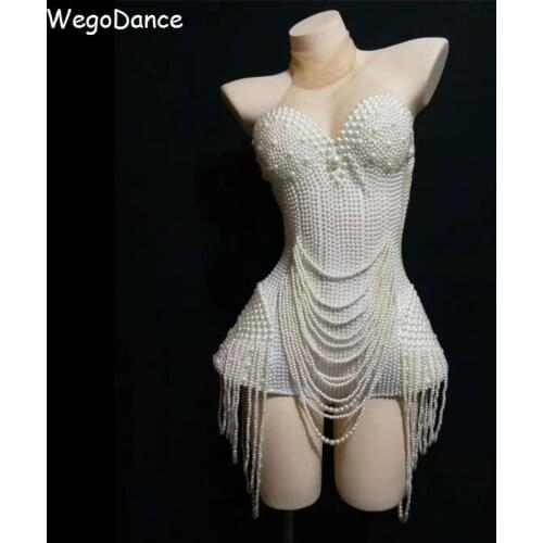 New Women White Pearls Beading Bodysuit Jazz Dance Outfit Evening Stage Show Costume Prom Birthday Bar Singer Clothes