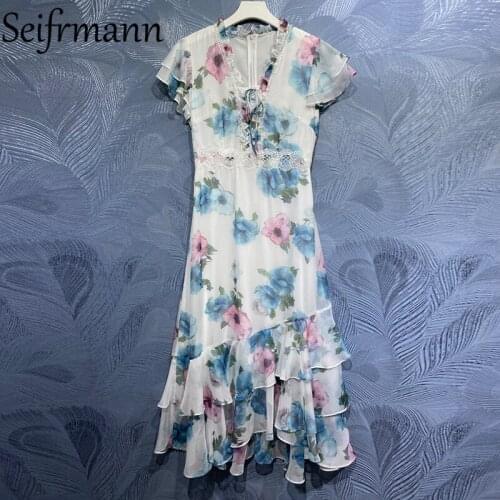Seifrmann New 2021 Summer Women Fashion Designer Holiday Long Dress Short Sleeve High Waist Lace Ruffles Floral Print Dresses