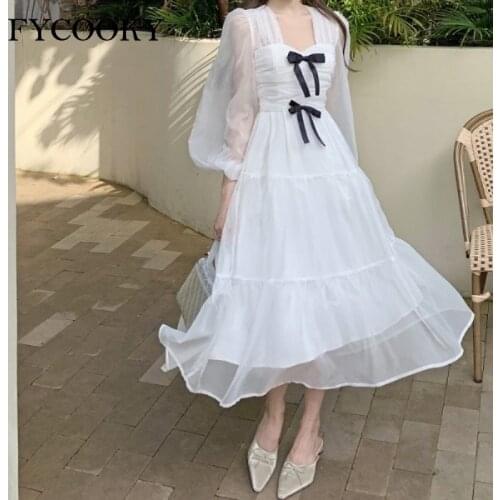 2021 French White Long Dress Women Summer Autumn Sweet Fall Dress New Bow High Waist Slimming Puff Sleeve Fairy Dress Female