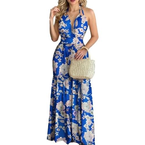 50%HOTWomen Dress Floral Print Halter Summer Backless Large Hem Dress for Beach