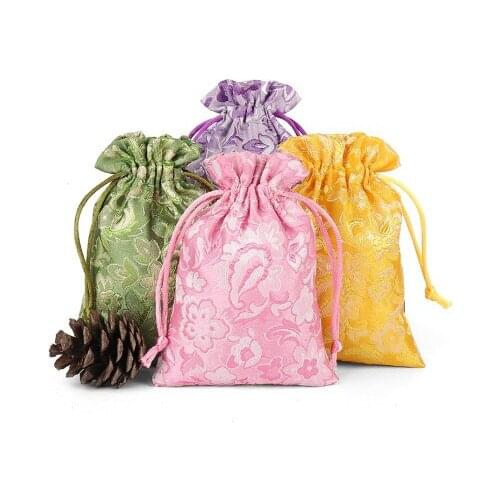 Elegant Floral Small Silk Brocade Jewelry Pouch Gift Packaging Bags Drawstring Chinese Cloth Pouch Wedding Party Favor Bags