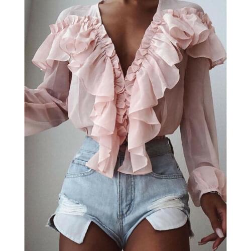 Fashion New Women Chiffon Solid Color V-Neck Ruffle Trim Blouse Casual Long Sleeve Loose Blouses Top Ladies Clubwear Top Shirts