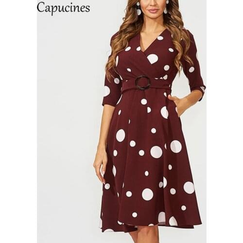 Capucines New Irregular Dot Printed Belt Women Dress 2019 Autumn 3/4 Sleeves V Neck A Line Slim Elegant Vintage Party Dresses