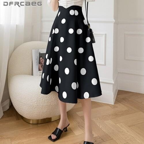 Black White Polka Dot Print Summer Skirt For Women 2021 Korean Style Elegant High Waist Big Swing Vintage Long Skirts Femme