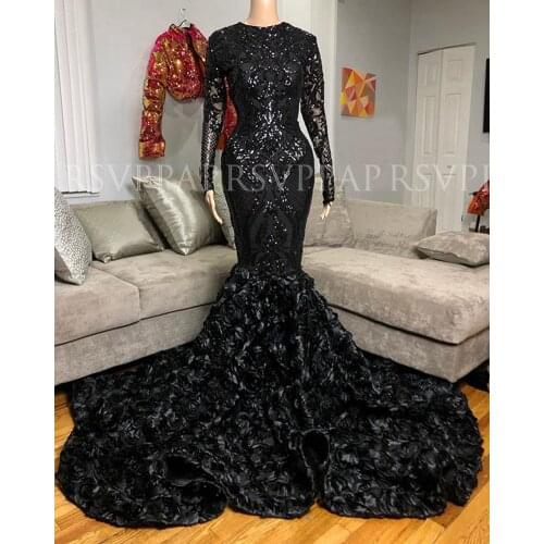 Long Elegant Prom Dresses 2021 Long Sleeve Sequin Black Girls African Mermaid Women Gala Prom Gowns