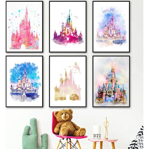 Watercolor Princess Castle Canvas Art Prints And Poster Magic Kingdom Princess Castle Canvas Painting Baby Girls Room Decor