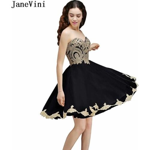 JaneVini Vintage Black Short Homecoming Dresses A Line 2019 Sweetheart Gold Lace Applique Beaded Tulle Plus Size Mini Prom Gowns