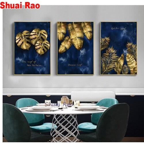 Triptych Gold Leaves diamond Painting full round diamond embroidery mosaic 5d diamond cross stitch 3d puzzles painting home art