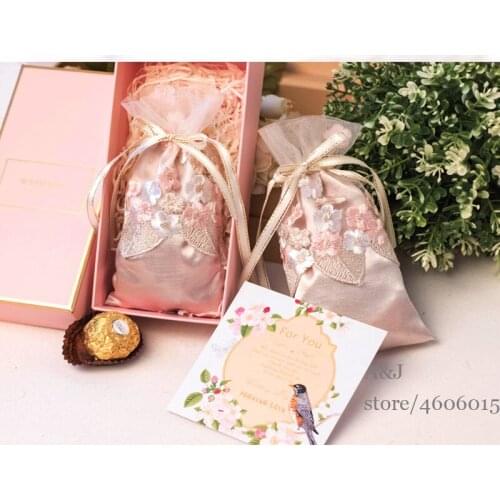 10pcs lot Creative Pink Sakura Satin Jewerly Bag Wedding Favor container Candy Chocolate bags Bridesmadi gift package
