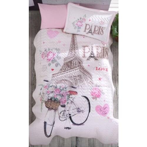 Single Quilted Bedspread and Pillowcase Paris Love Pink white Flower great design for young girls and children Eiffel Tower Bike