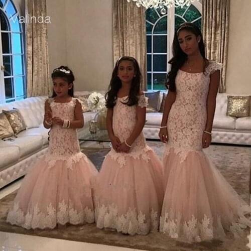 Mermaid Flower Girl Dresses for Wedding Party Kids Formal Wear Tulle Pageant Dress with Lace Bodice