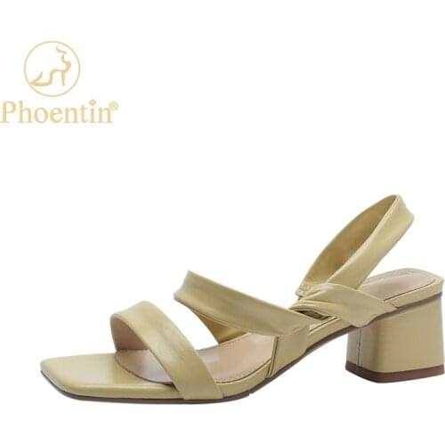 Phoentin Fashion Open Toe Genuine Leather Sandals for Women Summer Square mid Heels Shoes big Size 34-42 party sandals FT1591
